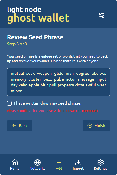 GHOST Wallet - New Account - Seed Phrase
